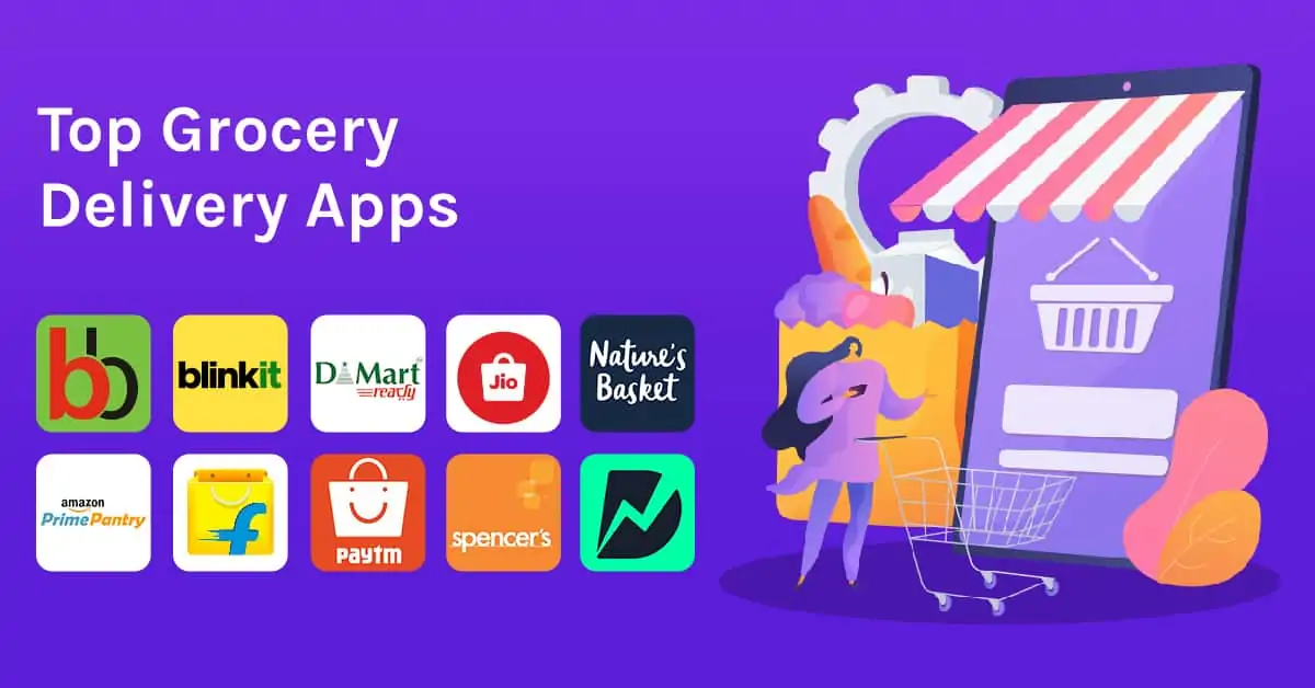Top grocery apps like bigbaset, blinkit, damat ready, Jio, natures basket, amazon prime pantry and others dispyed on the feature image of the blog.