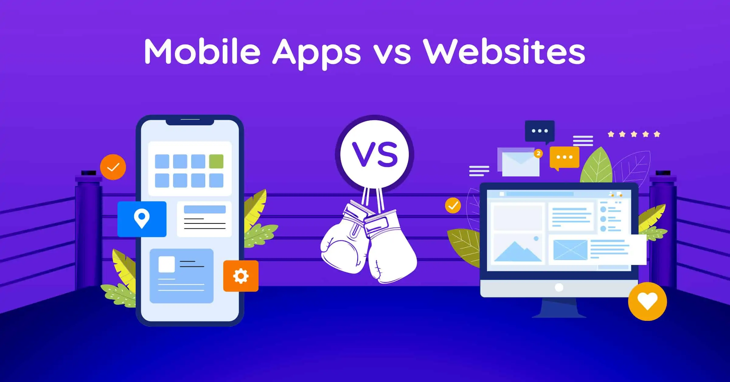 This is the cover image of a blog post which details down mobile app vs website features. It gives a comparison of the benefits and drawbacks of mobile apps and websites.