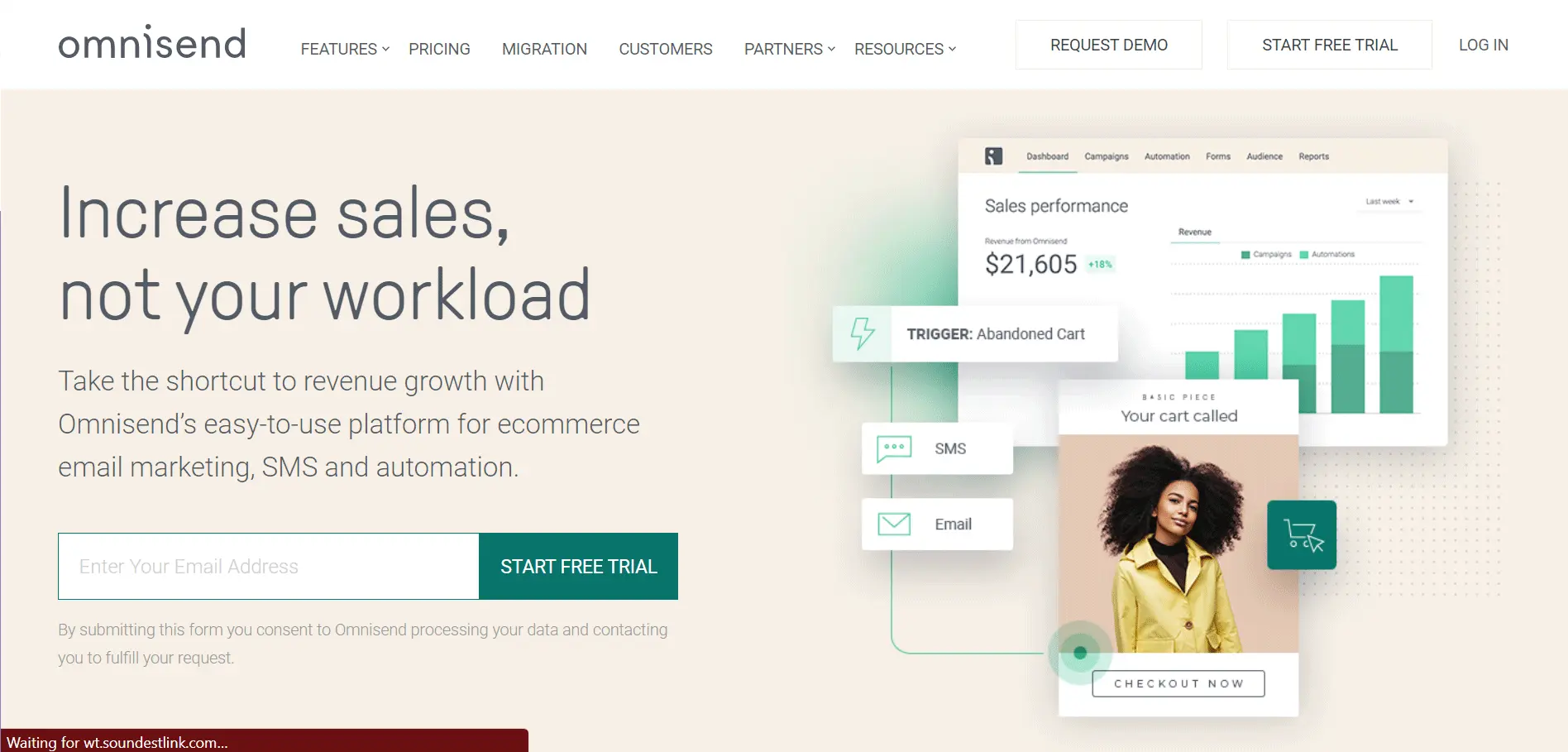 This image is the screenshot of the Omnisend homepage. It helps business send bulk emails to their customers