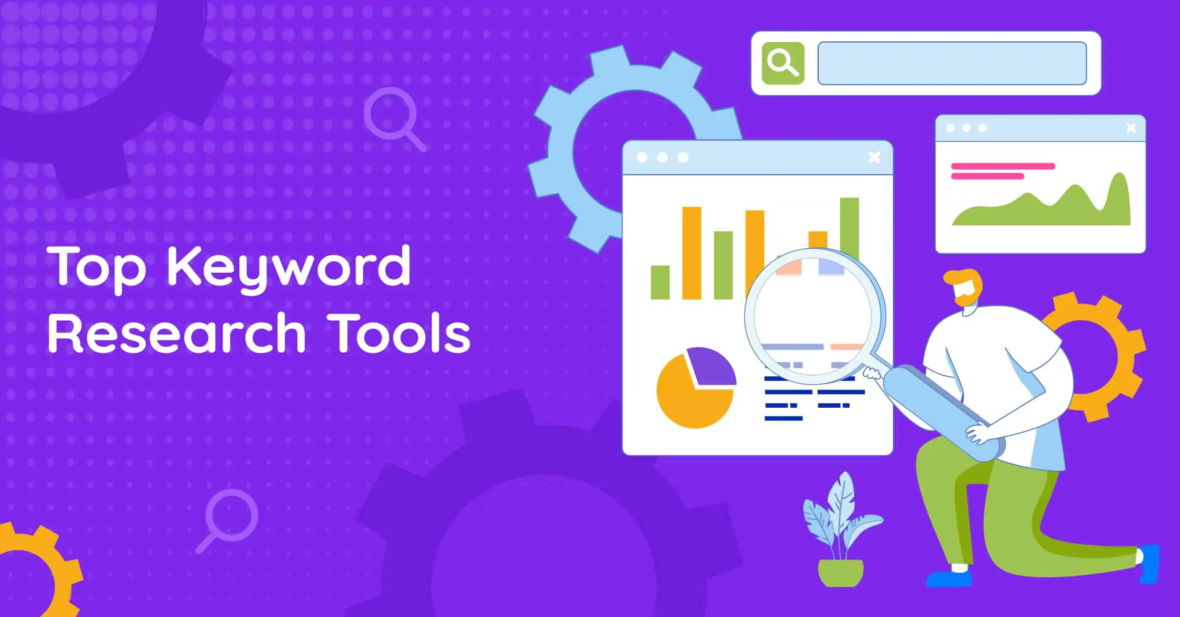 This is an illustration used as a cover image for the block post top keyword research tools. It shows a man with a magnifying glass analysing the search engine results page