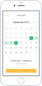 Calendar screen for September for hotel booking app