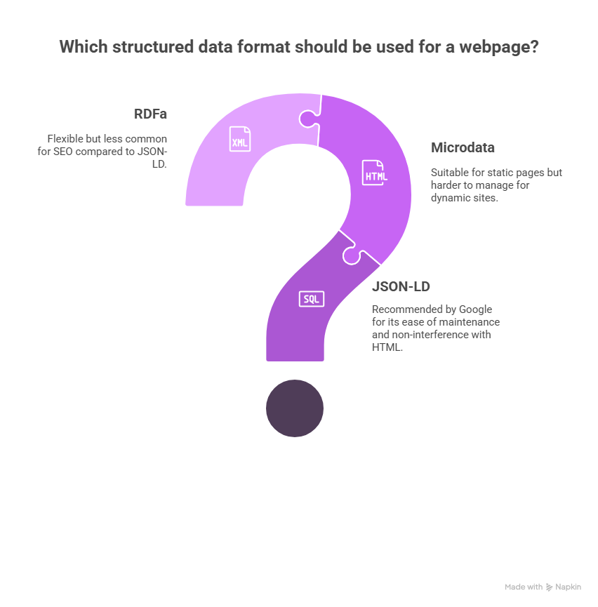 It is AI generated image showing structured data implementation process with schema selection, JSON-LD code generation, adding, testing, monitoring, maintaining.
