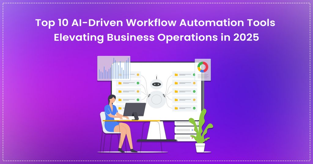 Illustration of AI-driven workflow automation tools optimizing business operations with charts, dashboards, and robotic process automation.