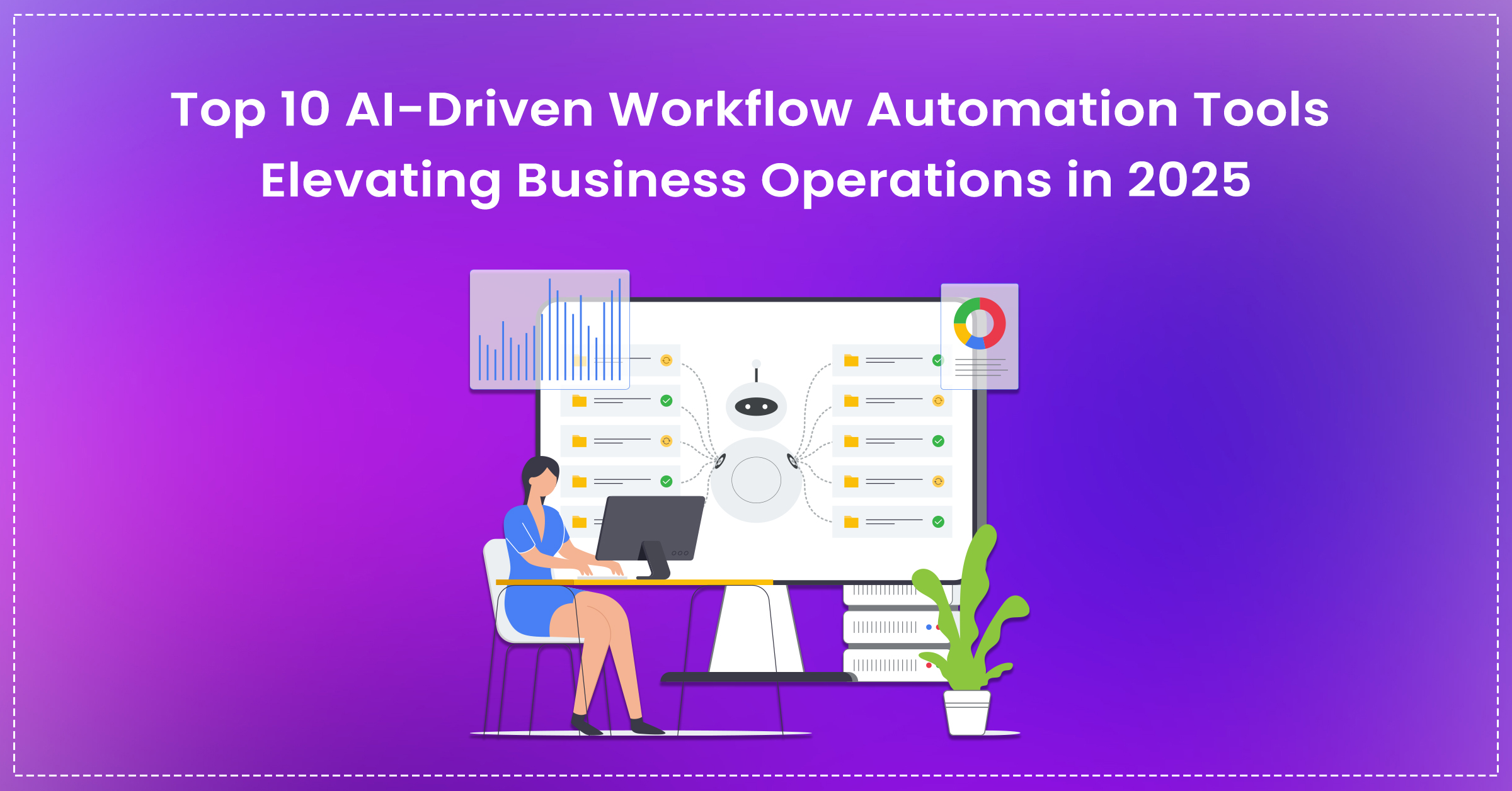 Illustration of AI-driven workflow automation tools optimizing business operations with charts, dashboards, and robotic process automation.