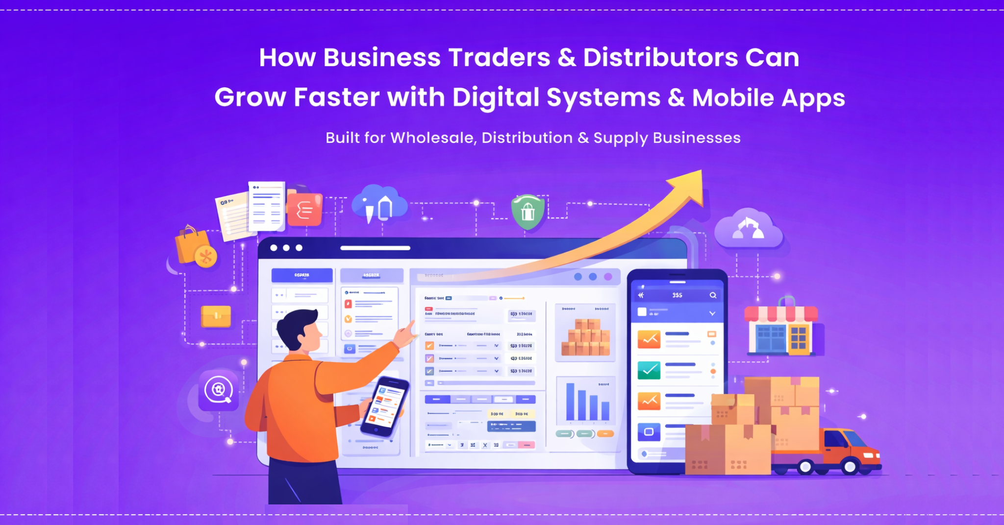 This is AI generated image of business traders and distributors using digital systems, mobile apps, inventory management, and warehouse operations for faster growth