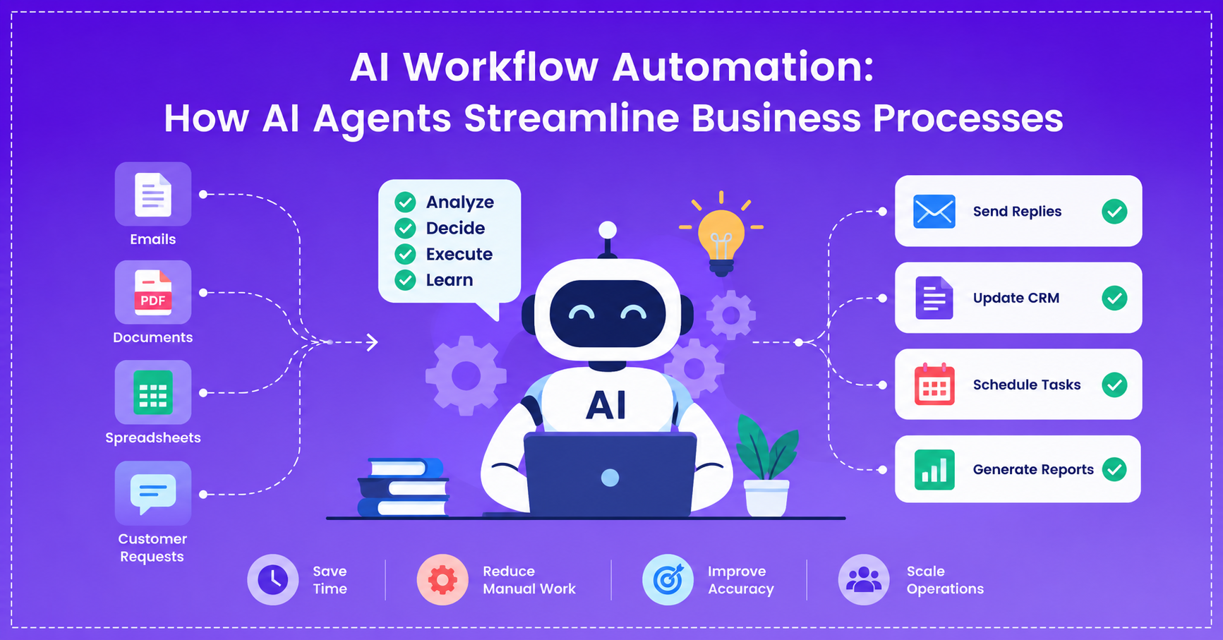 This is an AI-generated image of AI workflow automation showing an AI agent processing emails, documents, spreadsheets and business tasks.