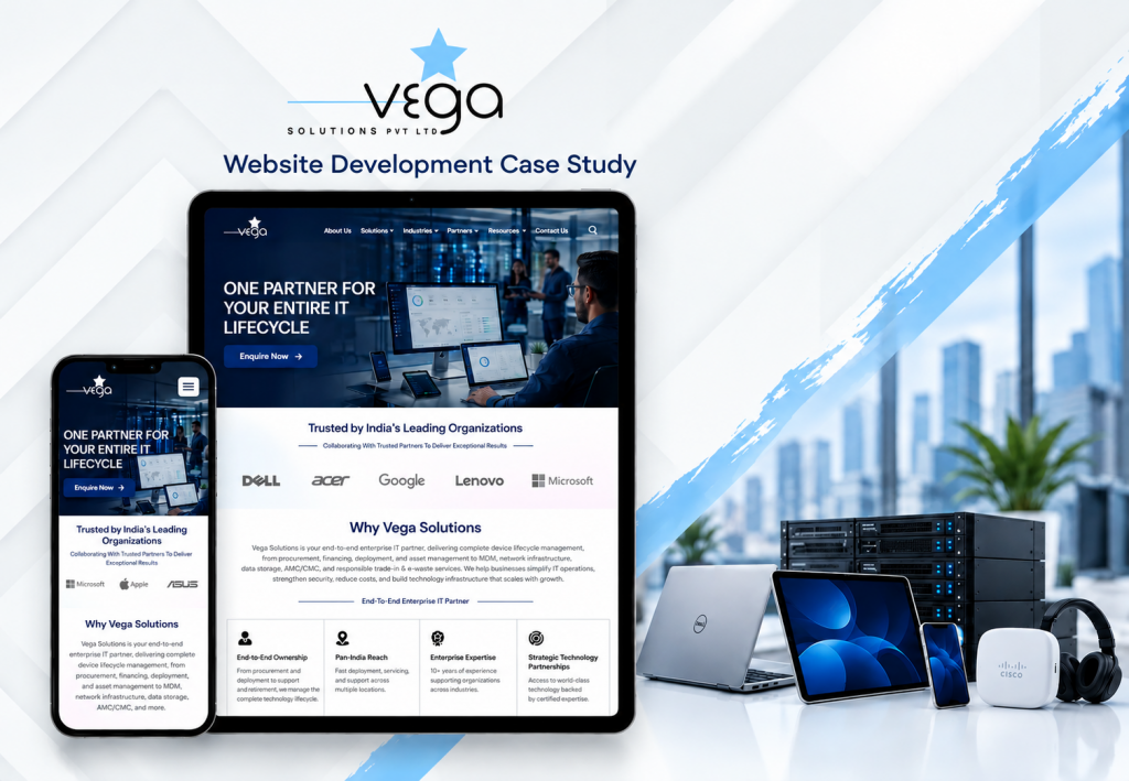 Website Development Case Study banner for Vega Solutions Pvt. Ltd., featuring a responsive website displayed on tablet and smartphone mockups, with enterprise IT services, partner logos, laptops, networking equipment, and a modern blue-and-white corporate background.