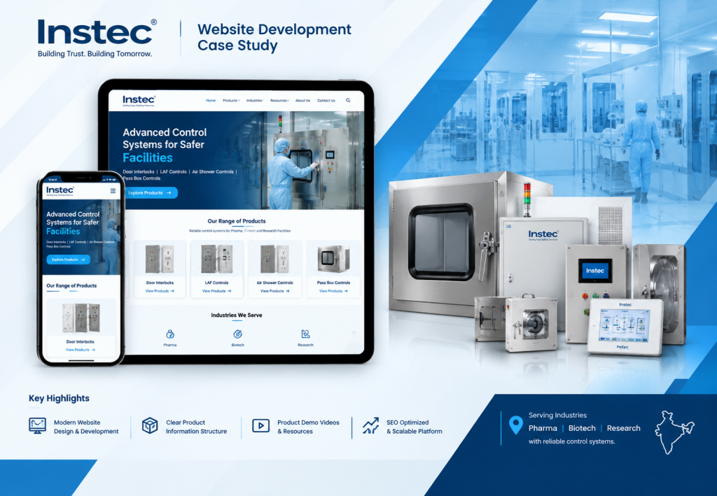 Instec India website development case study featuring responsive website mockups, industrial control systems, and a cleanroom background, highlighting modern design, SEO, and scalable product pages.