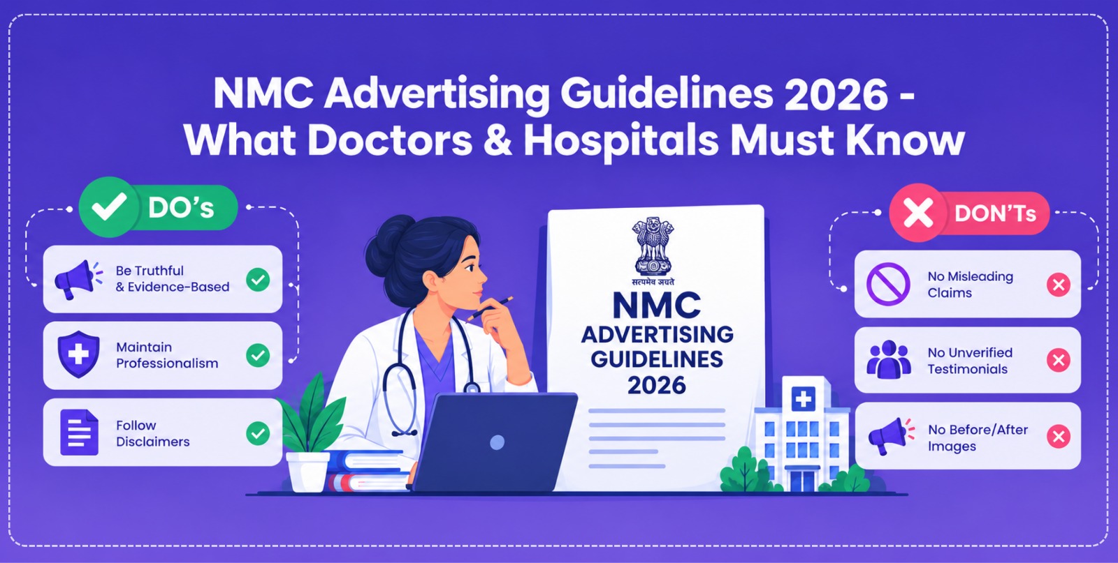 AI-generated illustration banner of Eiosys blog showing the NMC Advertising Guidelines 2026 for doctors and hospitals, featuring a checklist of compliance DO's like evidence-based information and DON'Ts prohibiting misleading claims, unverified testimonials, or before-and-after images.