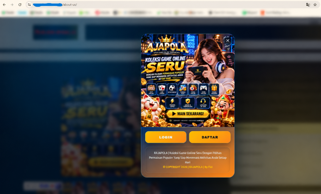 Spam gambling page on a website, showing a pop-up with login and register buttons for an online game site, created by a hacker.