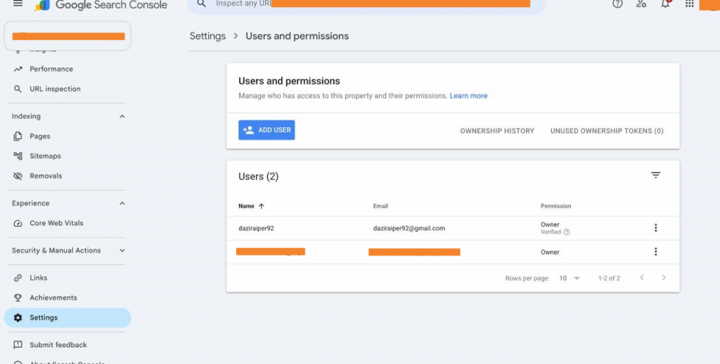 “Google Search Console Users and permissions screen listing two owners, including an unknown owner account added by a hacker to the property.