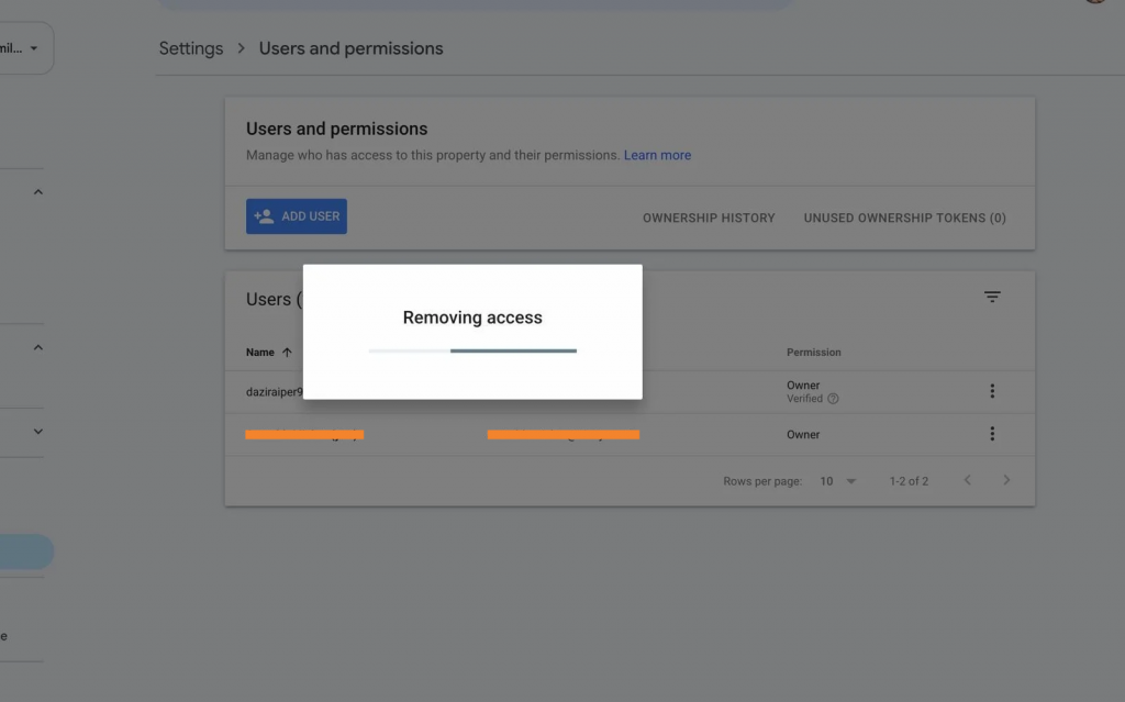 Google Search Console Users and permissions screen showing a ‘Removing access’ dialog, removing an unauthorised owner that a hacker added to the property.