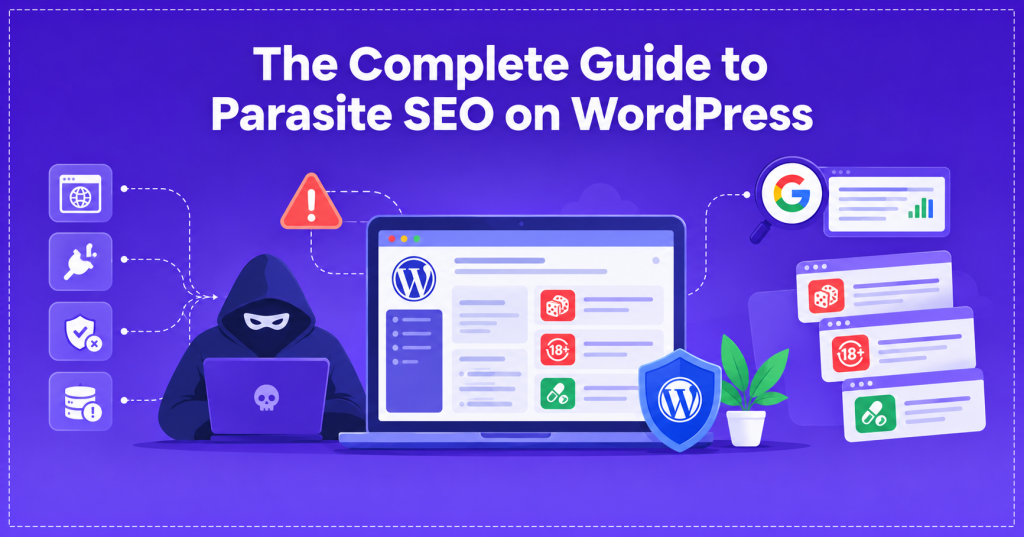 Illustration of a hacked WordPress website with spam links injected into the page, a red bug crawling on the browser window, and a hooded hacker at a laptop, under the title “The Complete Guide to Parasite SEO on WordPress.